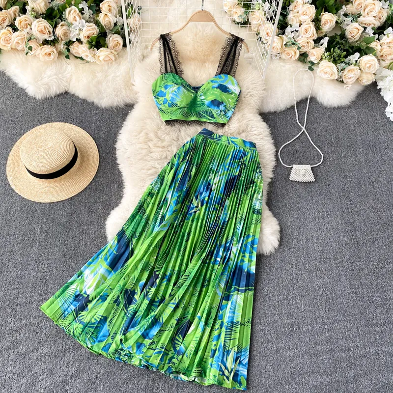 Fashion Summer Beach print camisole lace top with large swing dress set sleeveless two-piece elegant pleated women 210420