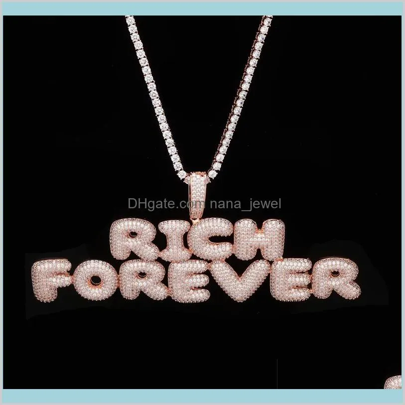 Halsketten Anhänger Schmuck Juwelier benutzerdefinierter Name Hip Hop Ice Out Personal CZ Blasen Brief Anhänger Herren Rock Street Halskette mit Rope277x