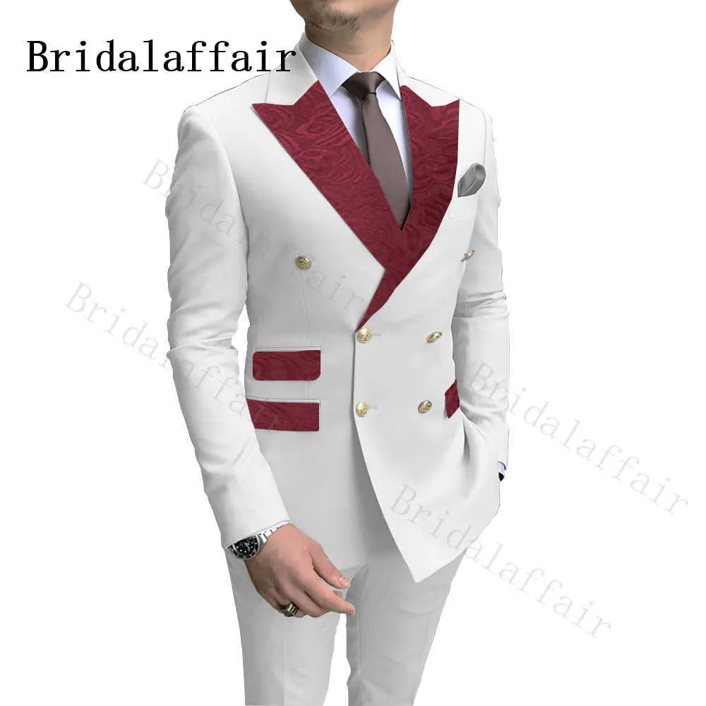 Bridalafair Classic Burgundia Paisley Kapel Kieszenie Mężczyźni Garnitury Białe Ślub Gromadzki Garnituje Double Breasted Costume Homme 2 sztuka X0909