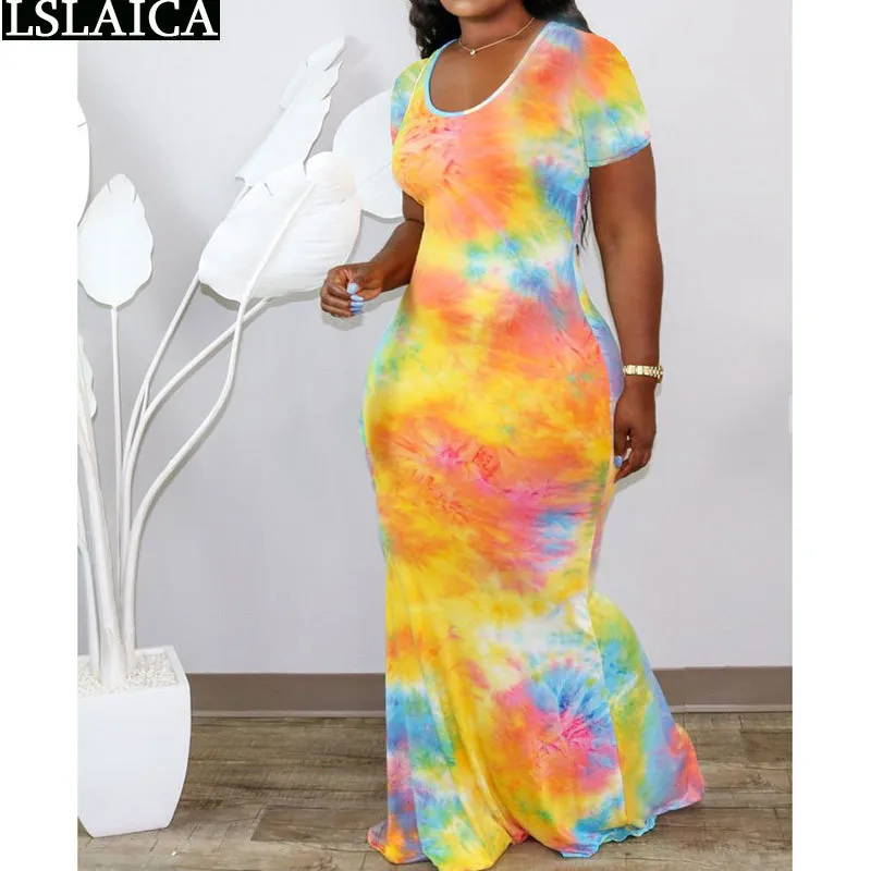 Mulher vestido verão laço tintura manga longa o pescoço senhoras maxi plus size moda feriado es vestido de mulher 210515