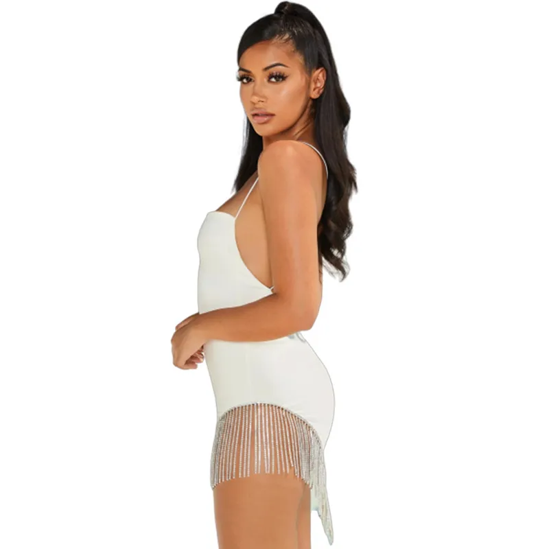 Femmes Sexy Strass Spaghetti Sangle Robe Gland Sans Manches Col Carré Solide Élégant Casual Mimi Robe Printemps Robe 210412