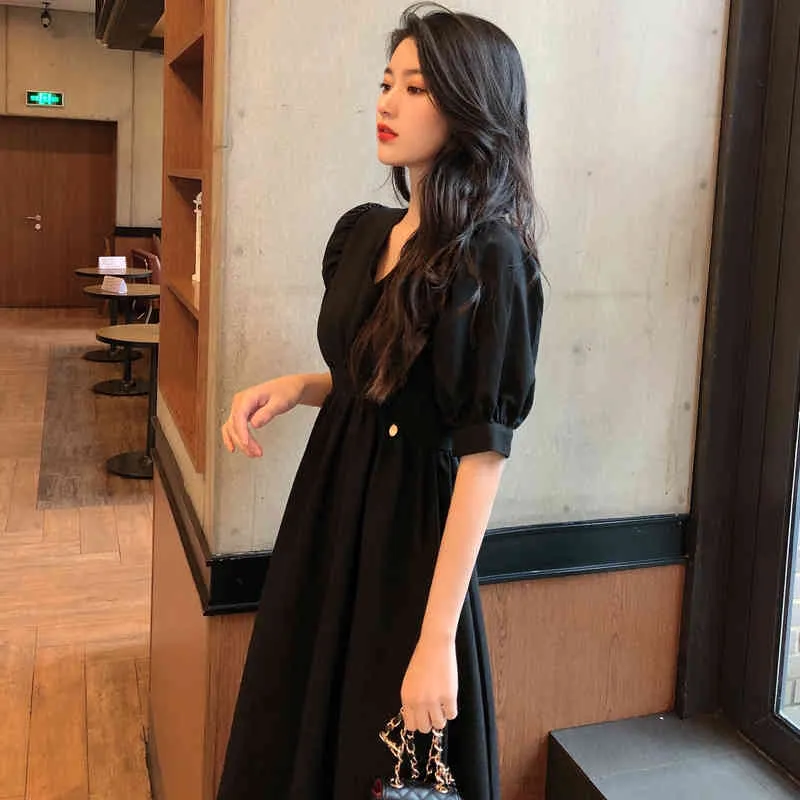 Ezgaga Korean Fashion Puff Short Sleeve Vintage Dress Women Summer New V-Neck Chic Solid Slim Black High Waist Vestidos 210430