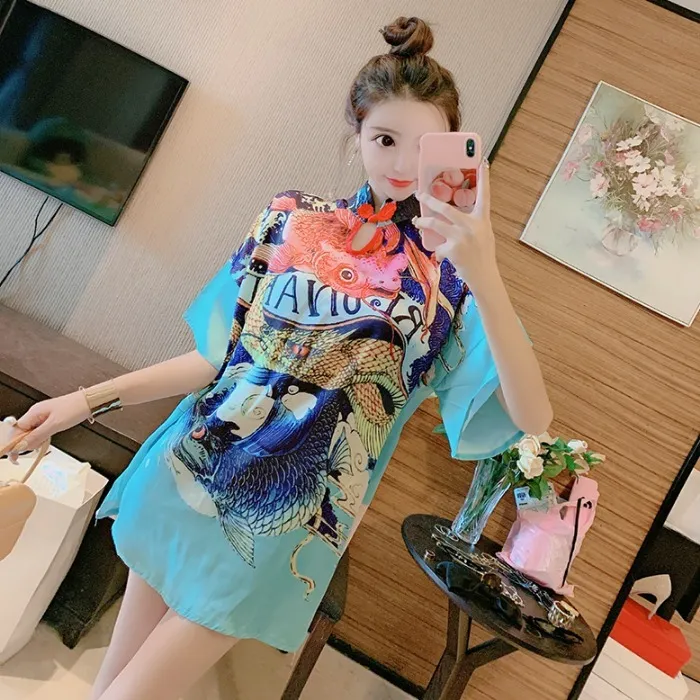 コロバフ韓国のシックな女性のドレスヴィンテージのエレガントなプリント原宿ドレス中国風ハイウエストカジュアルvestidos 210430