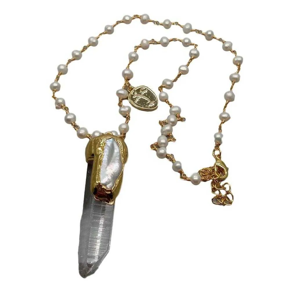 YﾷYING Zucht-Rosenkranz-Ketten-Halskette, weißer Quarz-Biwa-Perlen-Anhänger, 48,3 cm