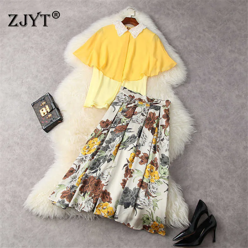 Elegant Lady Summer Suit Women Designers Embroidery Collar Cloak Chiffon Blouse and Printed Skirt Sets Party Outfit 210601