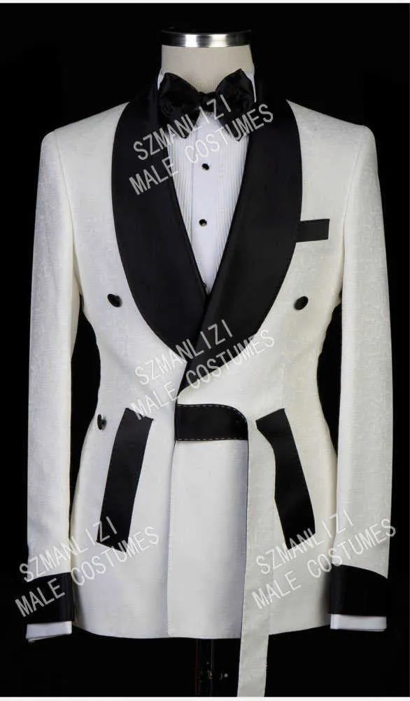 Senaste Coat Pant Designs 2021 Vit Jacquard Double Breasted Men Passar För Bröllop Slim Fit Skräddarsy Gjord Brudgum Prom Tuxedo Blazer X0909