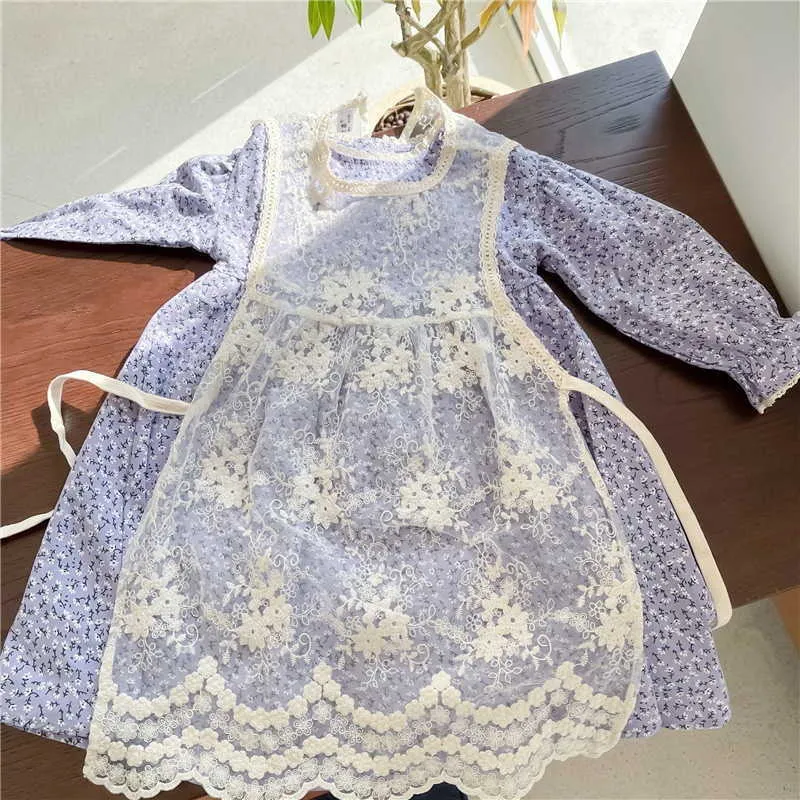 Koreaanse stijl lente kinderen meisjes jurk 2-pcs sets lace Smock + floral prinses kinderen schattige kleding E9048 210610