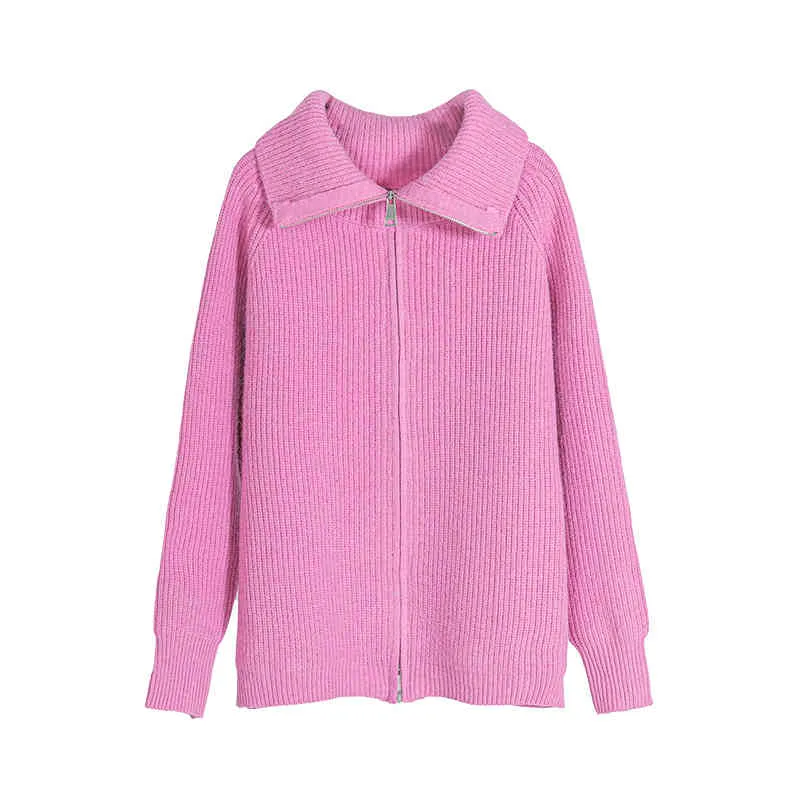 Printemps femme veste à glissière tricoté manteau Cardigans chandails femme rose hauts col rabattu 210421