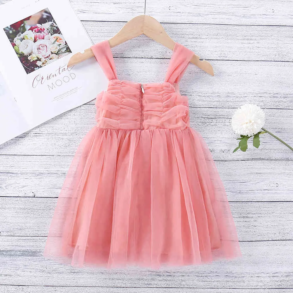 Sommer ärmelloses Baby Mädchen rosa Mesh Prinzessin Kleid 0-24 Monate Mode solide Kleinkind Hosenträger 210515