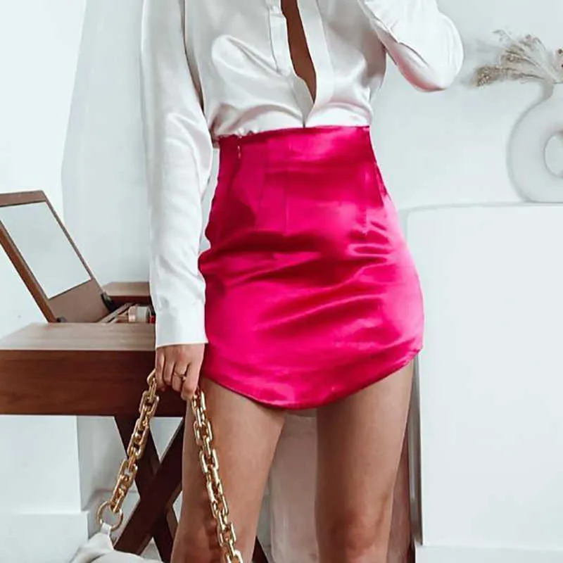 ZXQJ Vintage Girls Pink Mini Gonne Summer Beach Fashion Ladies Satin Skirt Boho Female Chic Bottoms Cute 210621