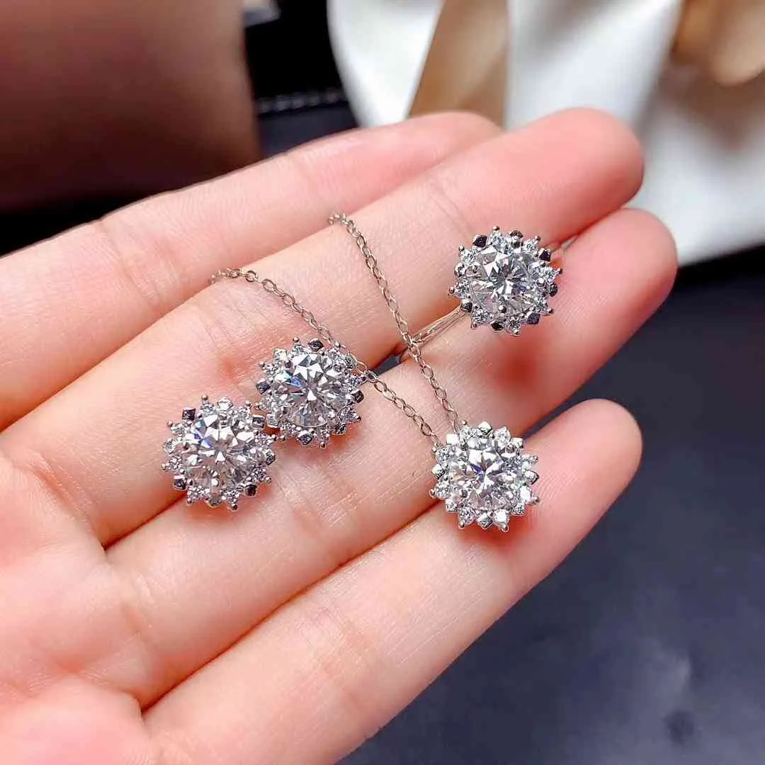 Conjunto de joyería 2021, collar de piedras preciosas de moisanita brillante, anillo, pendiente con pasador, regalo de fiesta de cumpleaños de Plata de Ley 925 auténtica