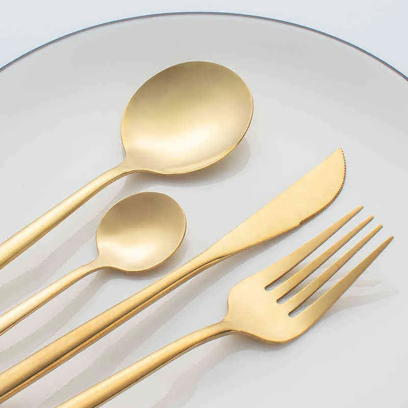 Cutlery Set Stainless Steel Gold Tableware Cutlery Dinner Set Knife Fork and Spoon Cutlery Tableware Covered Vaisselle 211112