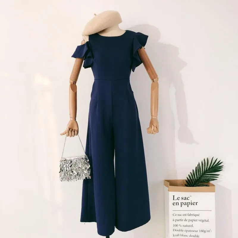 Women's summer jumpsuit irregular ruffled sleeves off-shoulder round neck high waist wide-leg trouser solid color LL021 210506