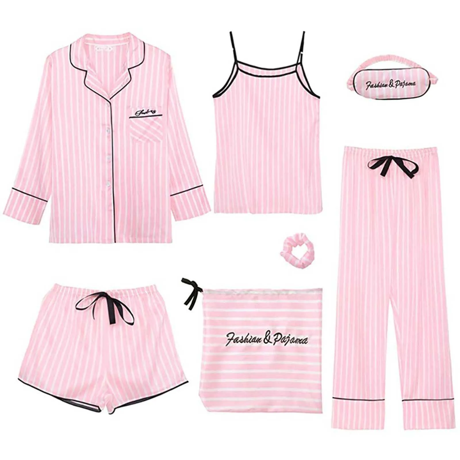 7шт шелковые женщины женское белье Camisole Print Shorts BAND PAJAMAS WTROFLOP Sleewwura Pijams Установить домашнюю одежду для Ladie весь день Pajama q0706