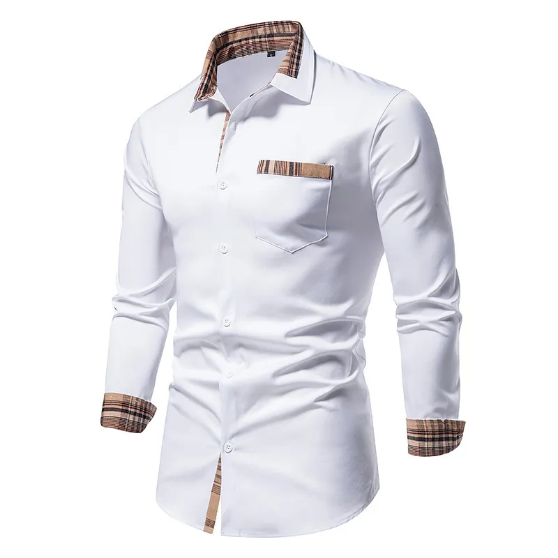 PARKLEES Autumn Plaid Patchwork Formal Shirts for Men Slim Long Sleeve White Button Up Shirt Dress Business Office Camisas 220309