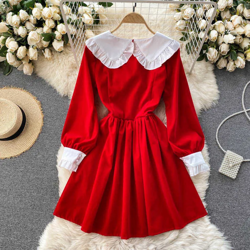 Frauen Mode Retro Gericht Rot A-Linie Kleid Frühling und Sommer Baby Kragen Langarm Slim Vestidos R384 210527