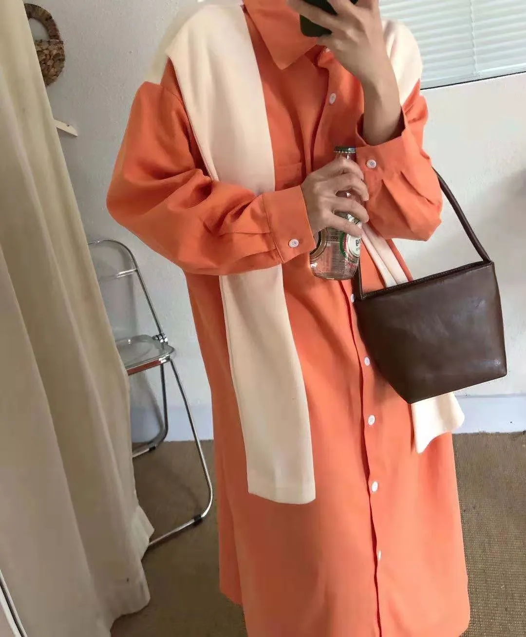 Primavera Autunno Arancione Camicia elegante casual Abbigliamento coreano Sciolto tinta unita Manica lunga Scialle Splicing Vintage Maxi 210514