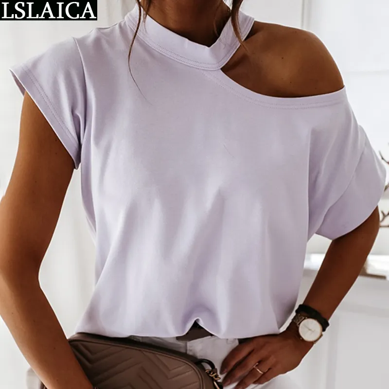 Tshirt 짧은 소매 솔리드 컬러 느슨한 스탠드 칼라 여름 여성 의류 폴리 에스터 캐주얼 어깨 끄기 여자 탑 자르기 210515