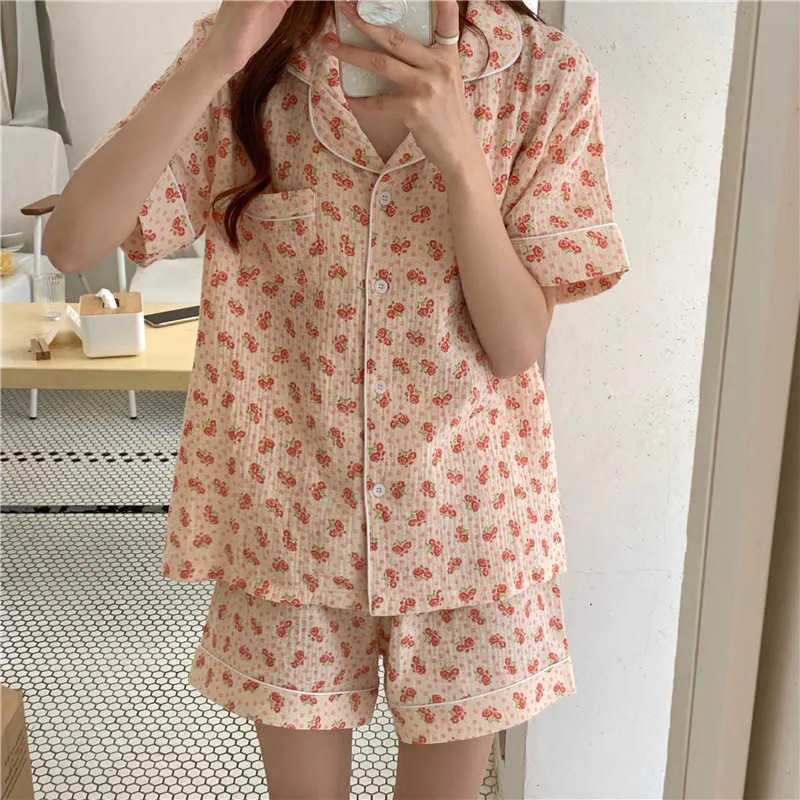 Koreansk bomull Snygg Sweetwear Minimalistisk Blommig Kort Soft Summer Femme Chic Bekväm Pyjamas Sets 210525