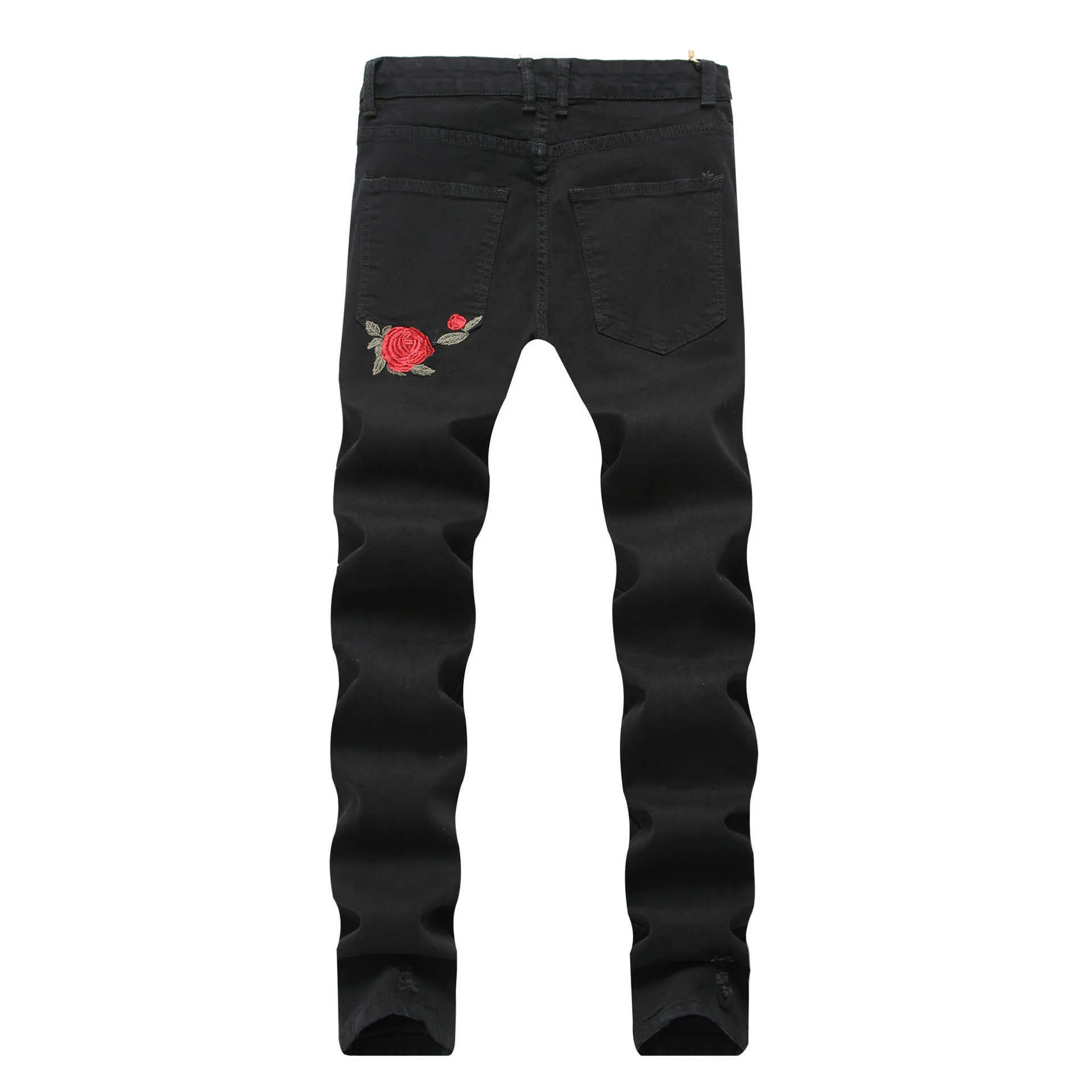 Vomint New Black Ripped Jeans avec broderie hommes avec des fleurs Rose brodé Denim Jeans Stretch Skinny Jeans Pantalon Y0927