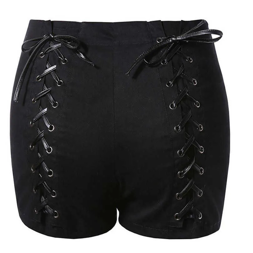 Sommar kvinnor solid shorts criss cross bandage hög midja spets upp punk svart korta byxor byxor 210719