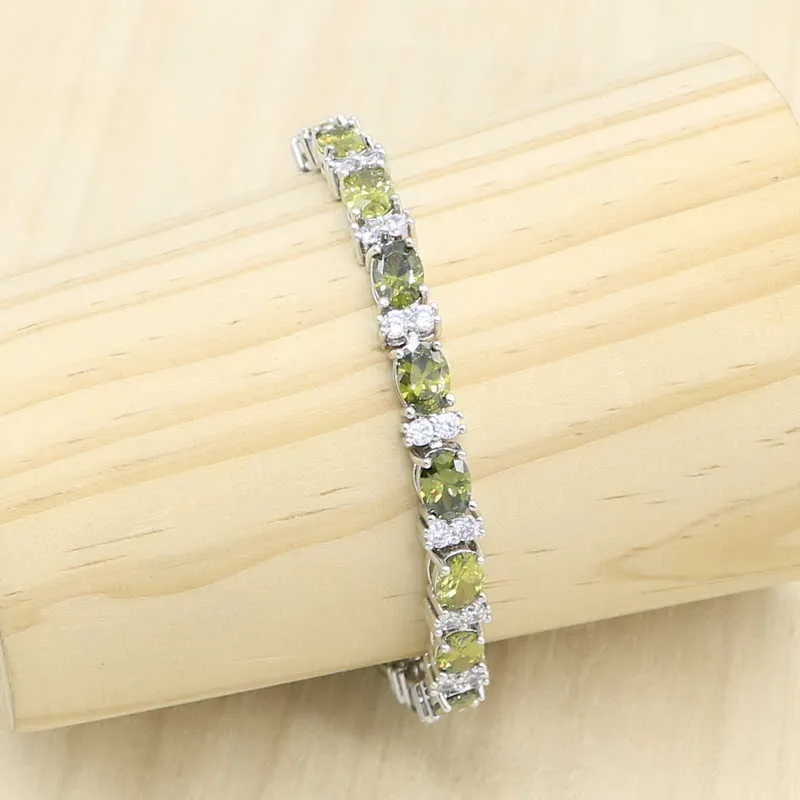 Geometrisk Olive Green Zircon Silver Färg Smycken Set för Kvinnor Bröllop Armband Lång Örhänge Halsband Hängsmycke Ring Födelsedagspresent H1022