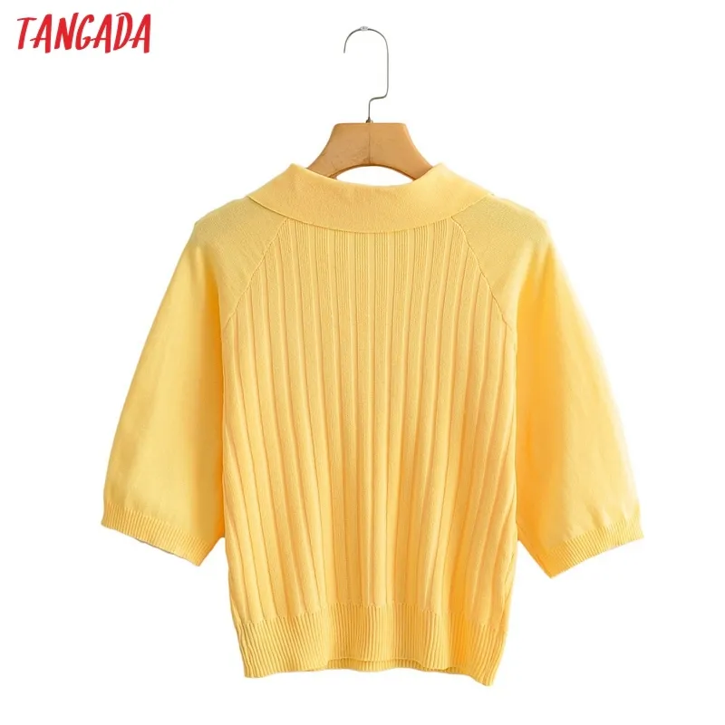 Femmes Mode Solide Jaune Pull tricoté Vintage Manches courtes Femme Pulls Chic Tops AI61 210416