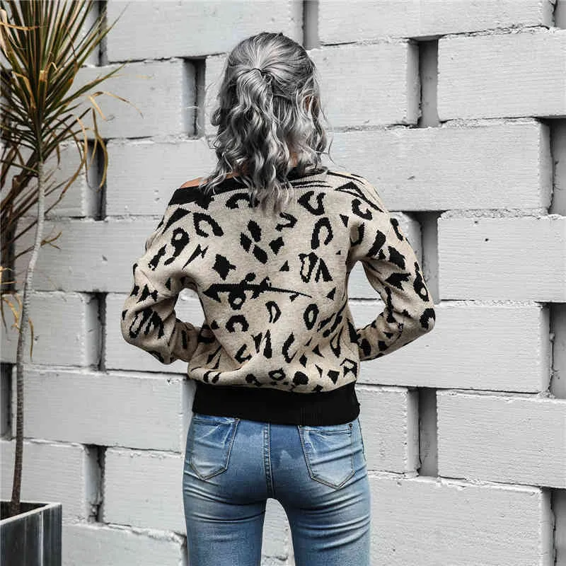 Damska jesień zima dzianiny swetry V-Neck Sweter Leopard Drukuj Długi rękaw Dzianiny sweter Luźne Topy 210520