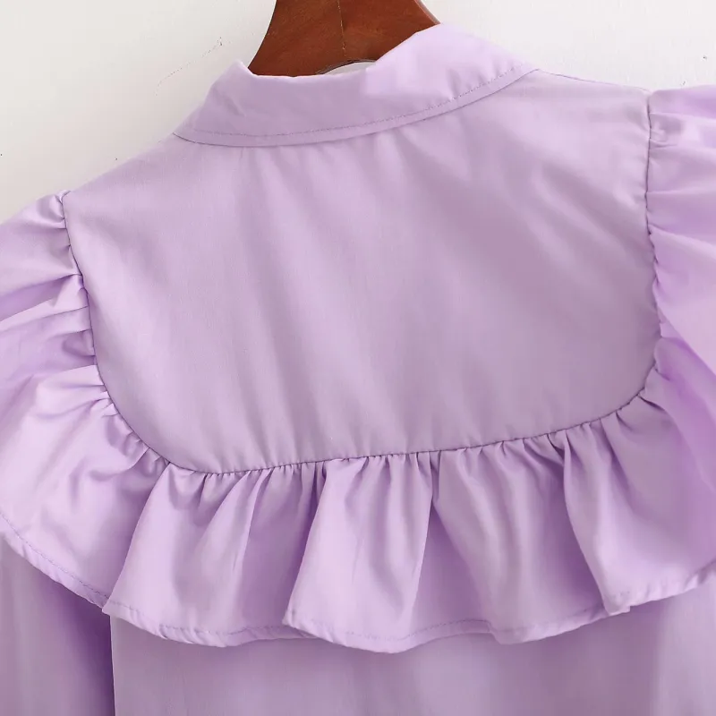 Casual Woman Purple Cotton Ruffles Shirt Dress Spring Fashion Ladies Soft Mini Dresses Girls Sweet Holiday 210515