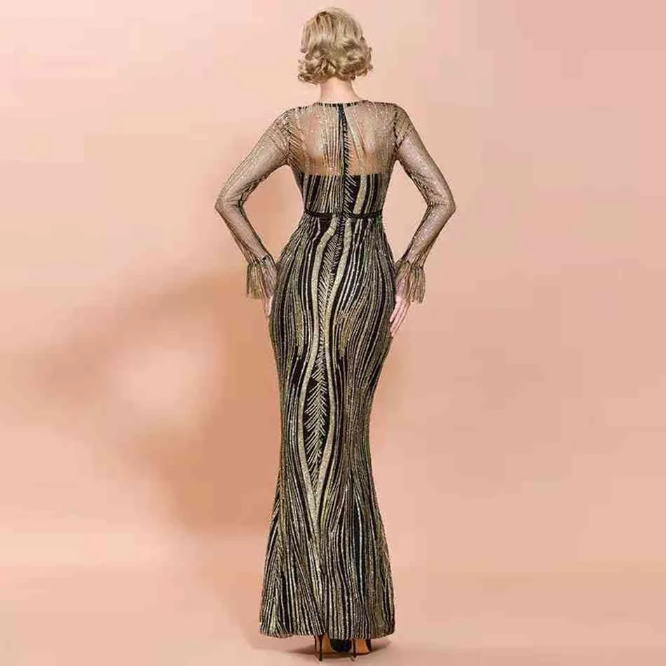 Бесплатные высококачественные женщины элегантные блестящие длинные платья O-шеи рукава BodyCon платье клуб взлетно-посадочная полоса вечеринка Vestidos 210524