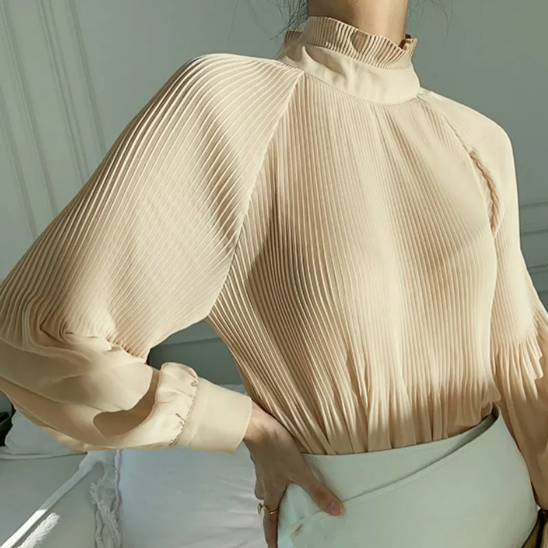 Ezgaga французский стиль элегантные рубашки женские стойки воротник плиссированные шикарные свободные сплошные длинные рукава топы офис леди пустотеть мода 210430