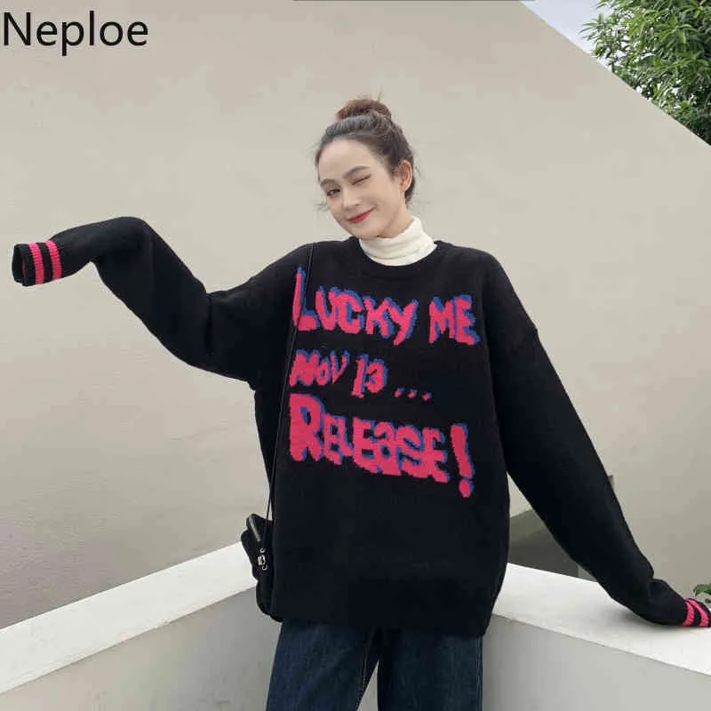 Neploe Lettre Crochet Floral Tricots Pulls Surdimensionnés Outwear Chandails En Tricot Femmes Automne Femmes BF Streetwear Jumper Manteau 210422