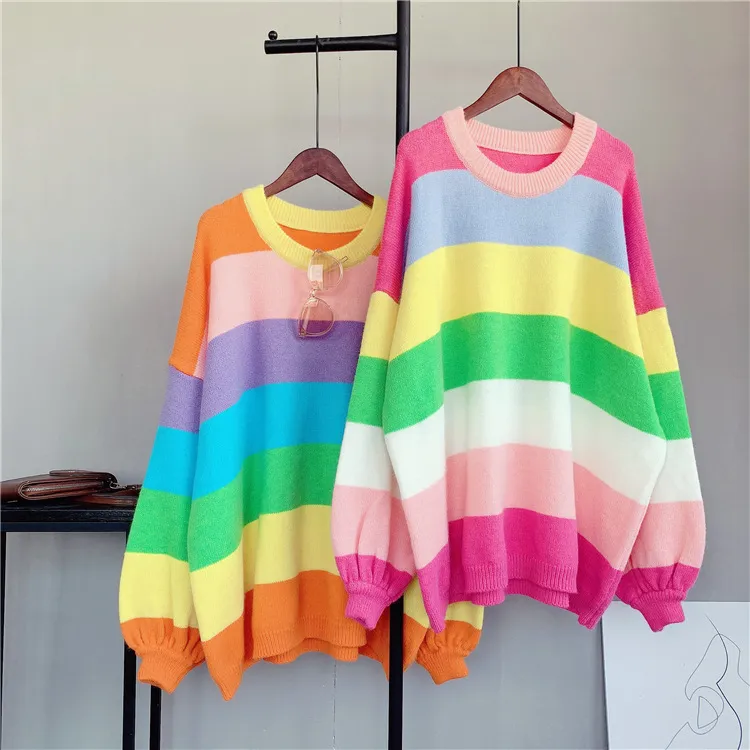 Sweter zimowy Kobiety Oneck Loose Styl Oversized Sweter i Swetry Rainbow Knit Skoczków Koreański Pull Jumper Autumn Cloth 210430