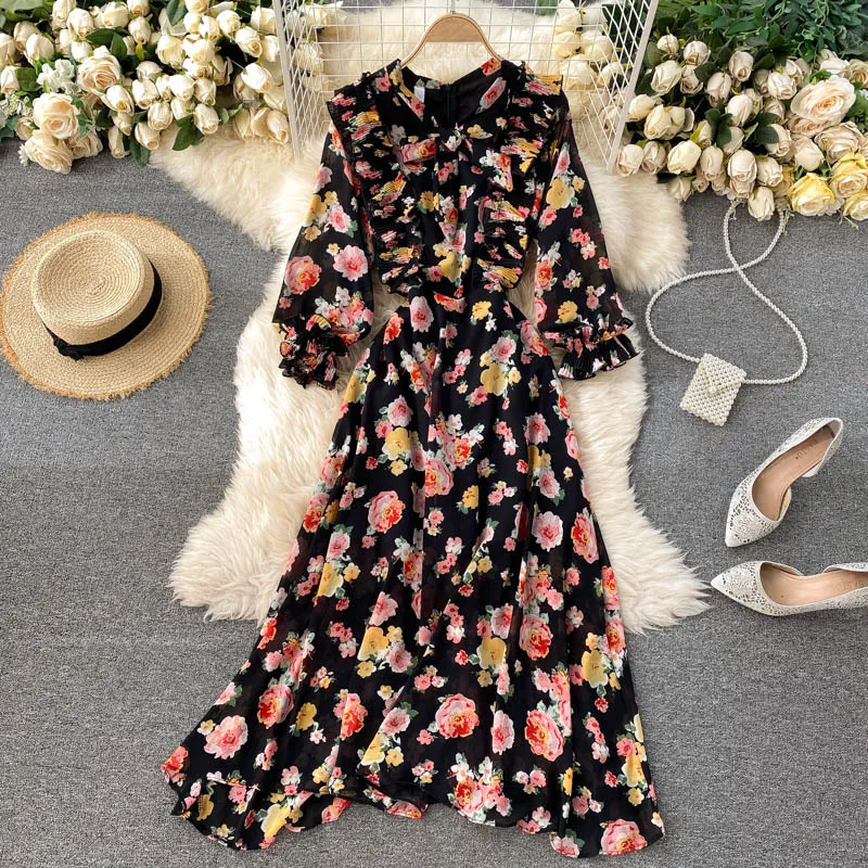 French Chiffon Floral Dress Women Bow Neck Puff Sleeve Ruffles A-line Dresses Autumn Bohemain Print Holiday Long Dress 210419