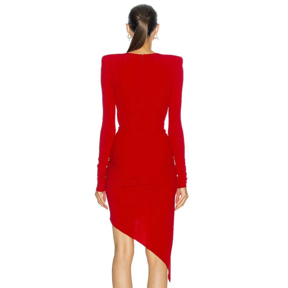 Darmowe kobiety czerwona sukienka seksowna o-neck z długim rękawem Bodycon Nieregularny Draped Celebrity Club Party Mini Vestido 210524