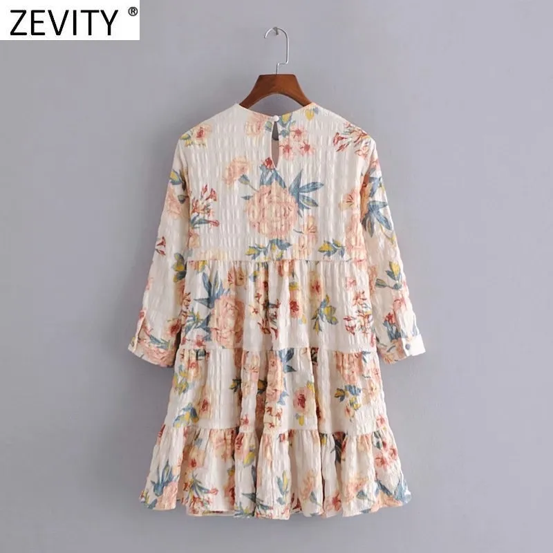 Women Elegant Flower Print Pleat Ruffles Mini Dress Female Chic Three Quarter Sleeve Casual Straight Vestidos DS8251 210420