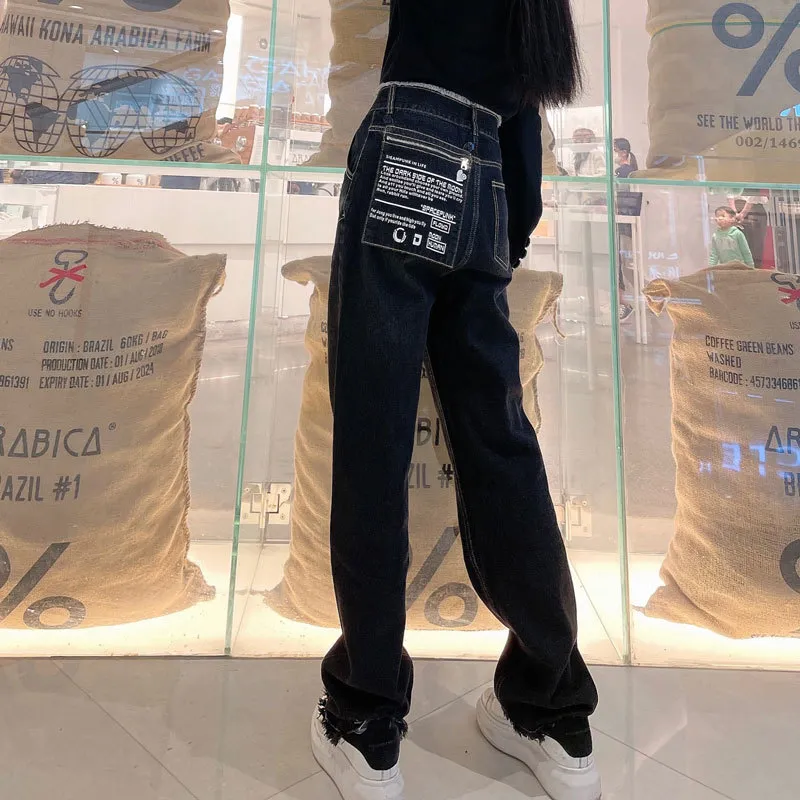 Jeans da tasca con lettere rimovibili in stile Harajuku Pantaloni da donna in denim a gamba larga larghi a vita alta primavera marea 5B817 210427