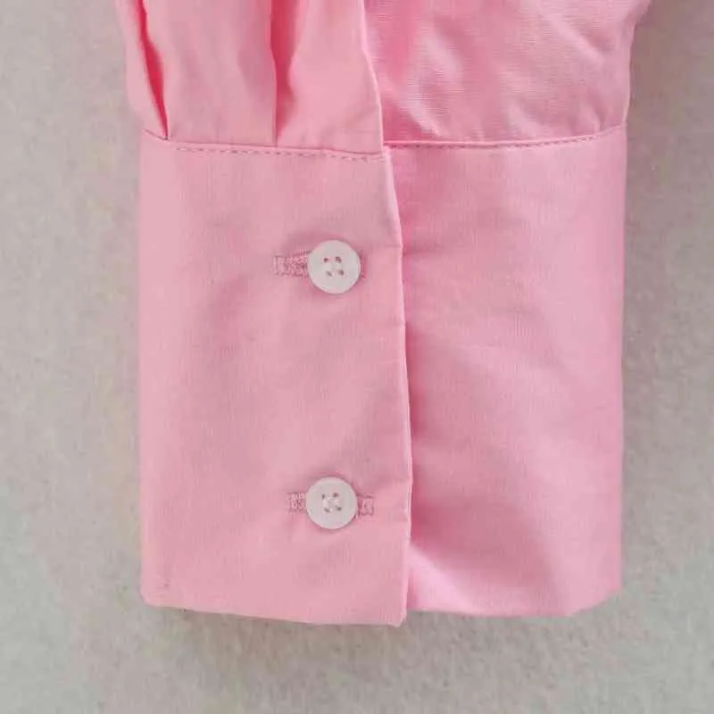 夏の女性ピンクのポプリンシンプルなブラウスの女性長袖シャツオフィスレディールーズトップスBlusas S8823 210430
