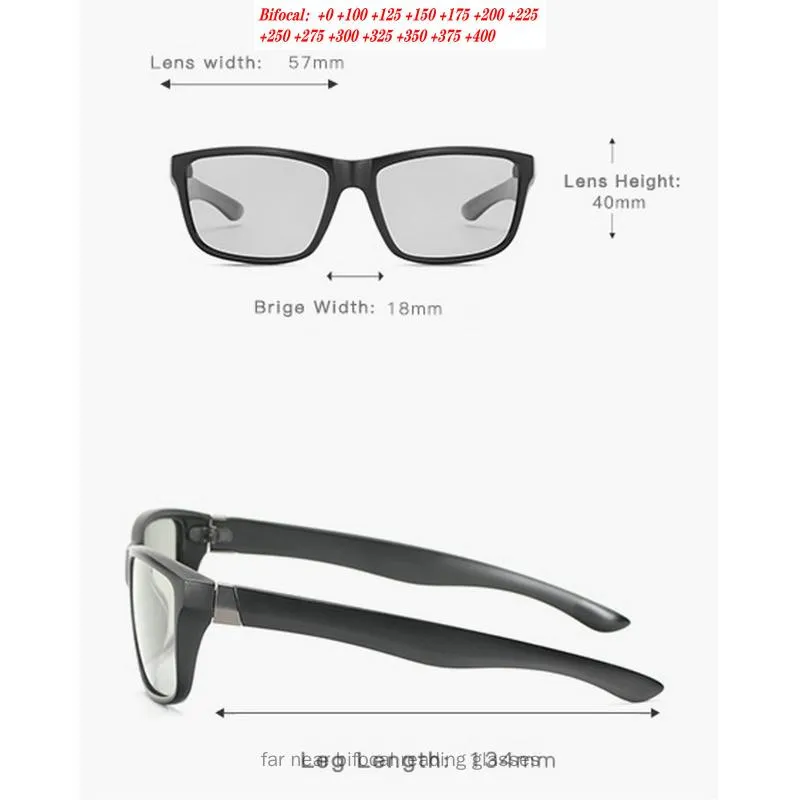Solglasögon Mäns kör Pochromic Bifocal Reading Glasses Sports Goggles Women Square Transition Recept Sun Reader NX 257Z