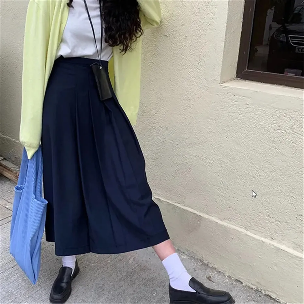 Style japonais longue jupe plissée femmes taille haute solide JK printemps été noir marine école étudiant filles Midi Saia 210421