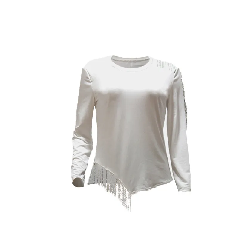 Women Tee Shirt Tops O Neck Black White Solid with Metal Tassels Fringe Long Sleeves Slim Elastic Bluas Female Spring 210416