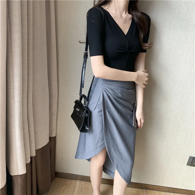 Summer Fashion Two Piece Skirt Set V-neck Tops + Asymmetrical Suits Office Ladies Workwear Matching 210513