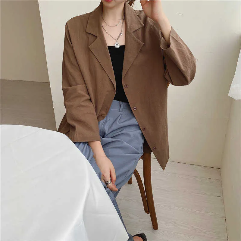 Aelegantmis Leinen Dünne Dünne Frauen Einreiher Vintage Blazer Jacke Koreanische Frühling Elegante Büro Dame Einfache Weibliche 210607