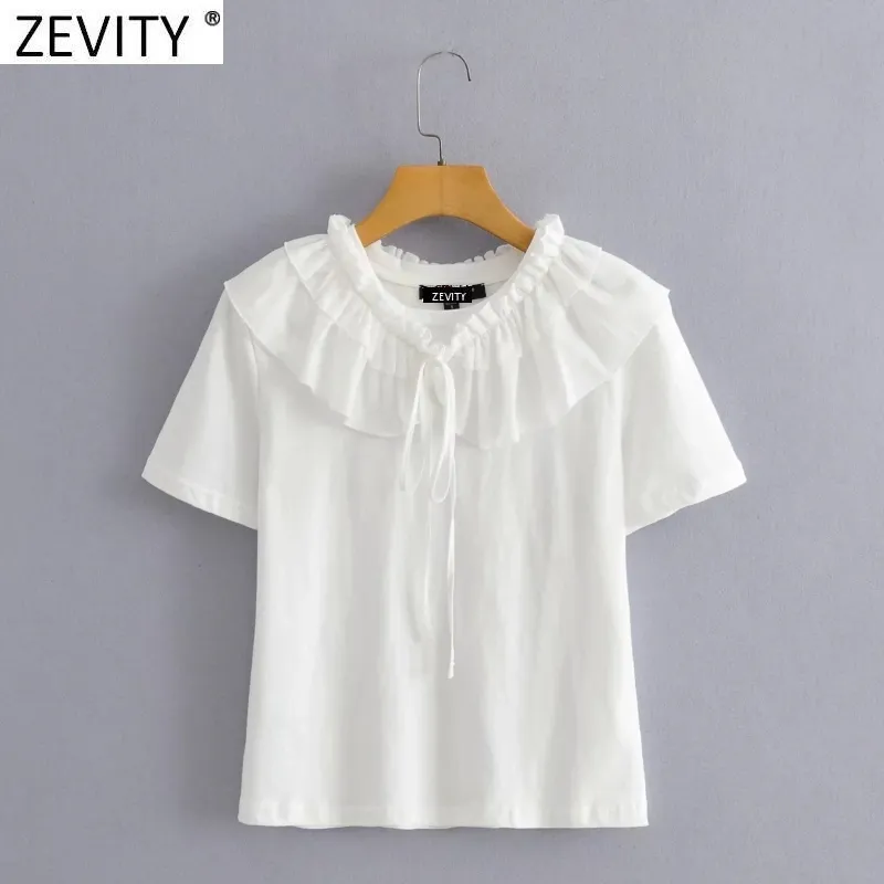 Zevity Nya Kvinnor Söt Cascading Ruffles Dekoration Casual Vit T-shirt Kvinna Chic Kortärmad Stickning Sommar Toppar T695 210419