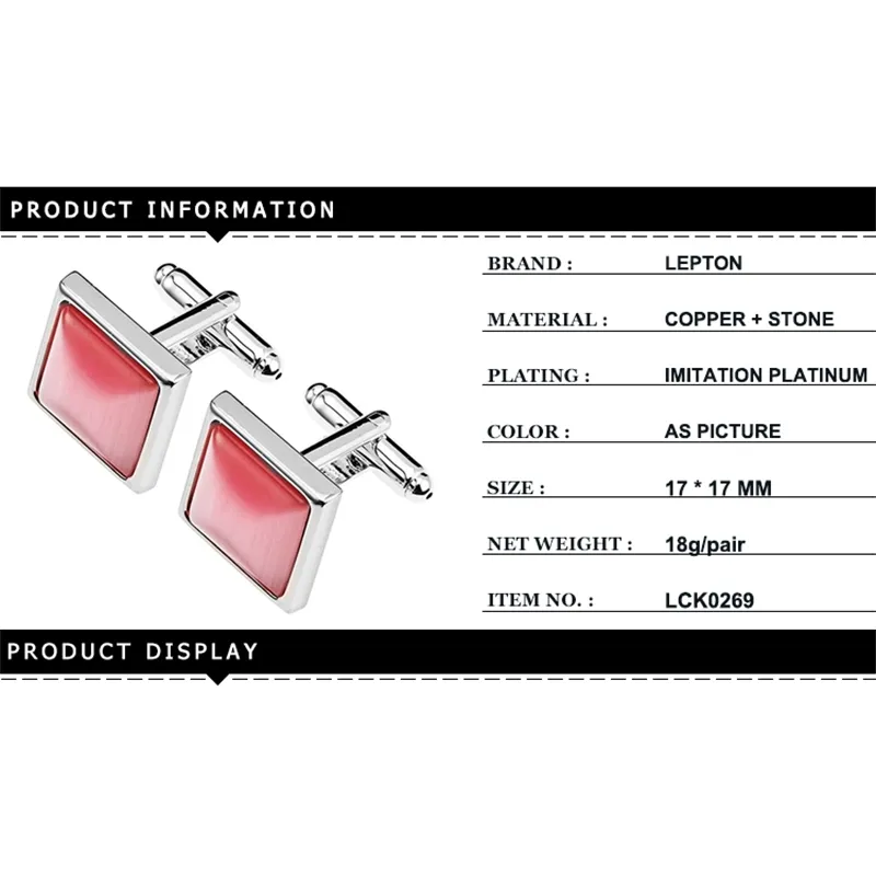 Lepton rosa kattögon sten manschettknappar för herrskjorta manschetter manschettkanten Kvadrat Mode Kvinnor Manschettknappar Relojes Gemelos Bästa gåva