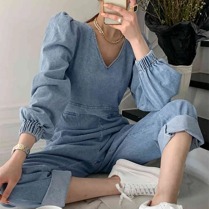 Koreaanse lente retro temperament v-hals taille taille afslanken rompertjes dames jumpsuit bladerdeeg mouw rechte denim jumpsuit voor vrouwen 210514