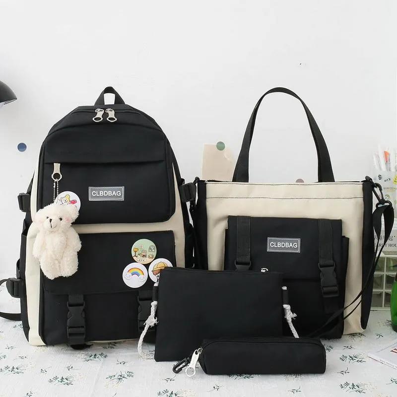 Школьные сумки, комплект из 4 предметов, Harajuku, женский рюкзак для ноутбука, холст для девочек-подростков, Kawaii, студенческая детская книжная сумка, рюкзак 2021262A
