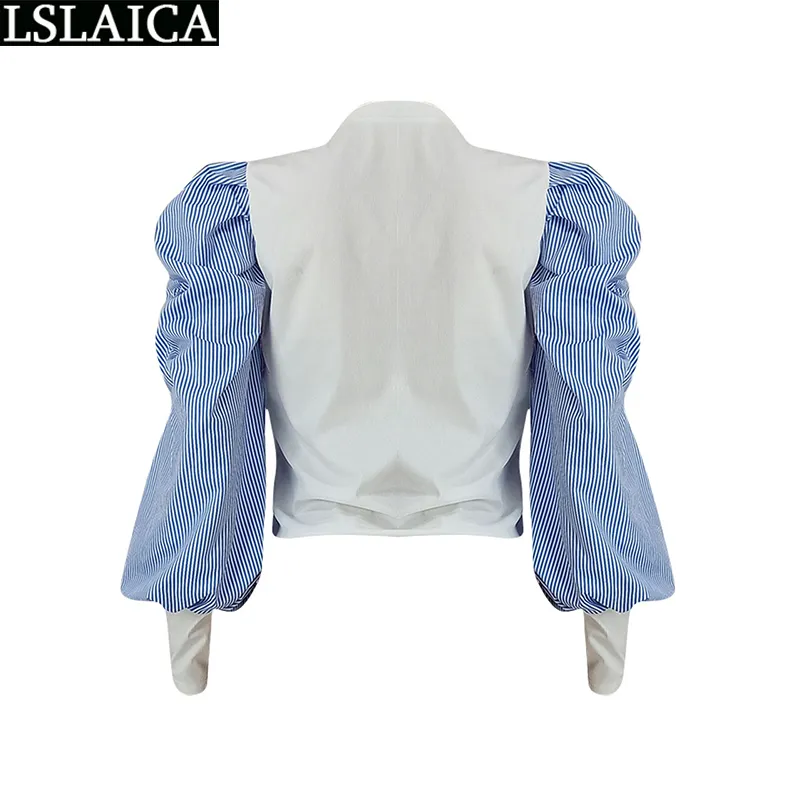 Wholesale Blouse Shirt Lantern Sleeve Patchwork Casual Fashion Women's Tops Rib Knit O Neck Office Spring Autumn 210515