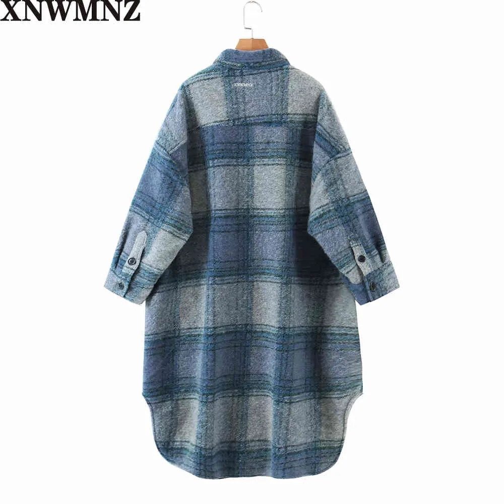 Women Fashion Wool blended plaid coat Vintage With Pockets Check Long Sleeve Button-up Female Woolen Outerwear Chic Overcoat 210520