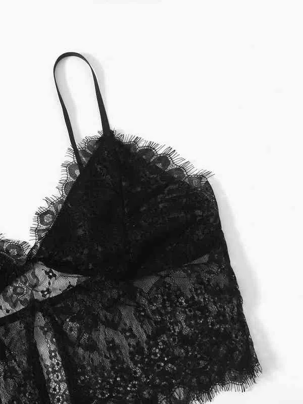 bagged svart imitation silke kvinnlig spets sexig och intressant pyjamas 211203